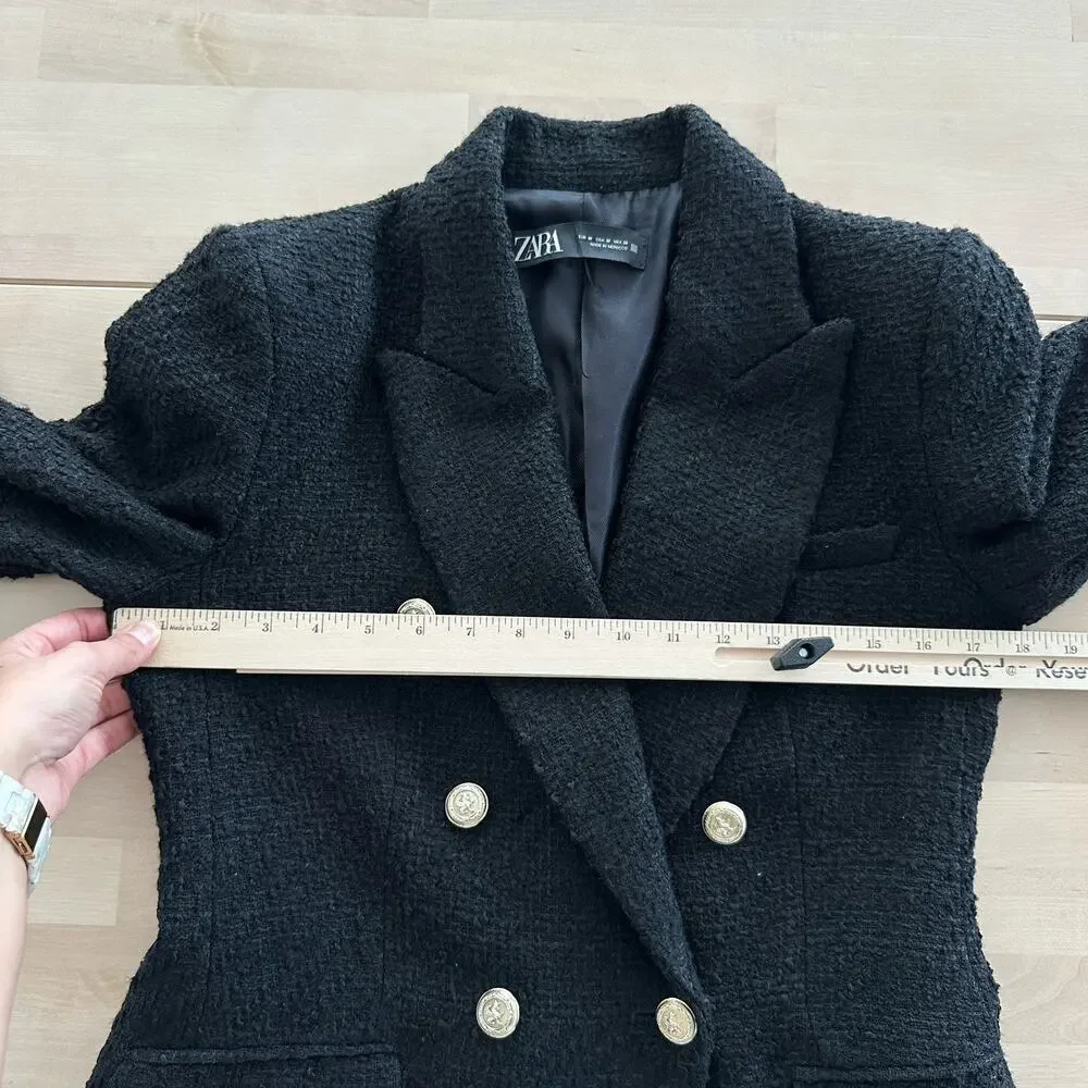 Zara Tweed Jacket Womens Medium Double Breasted Boucle Equestrian Academia Chic - Picture 12 of 16